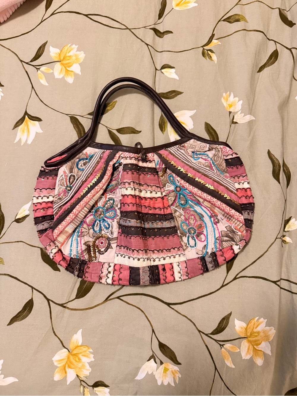 Vintage Y2K Embroidered Pink Patchwork Shoulder Bag